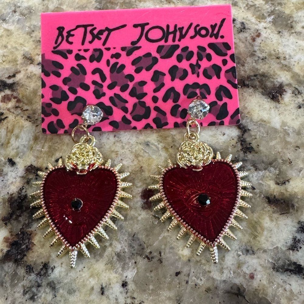 EARRINGS! Betsey Johnson Red and Gold Rose and Heart Spike Earrings BNWT